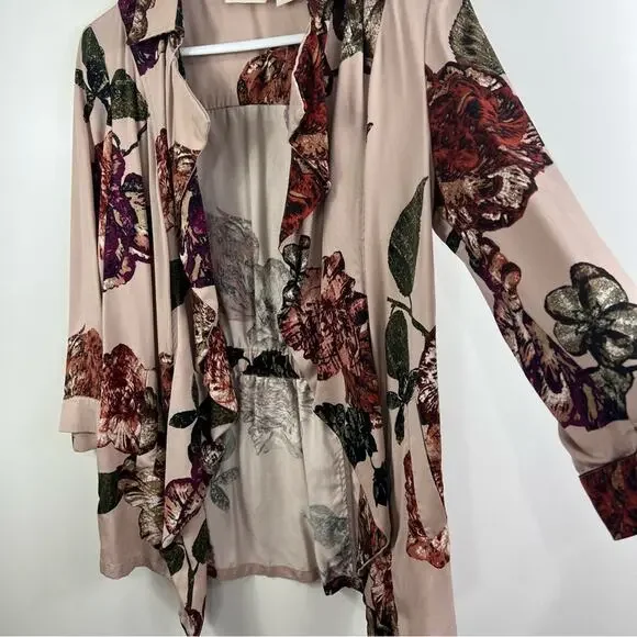 Romantic Pink Floral Ruffle Chico's Open Front Cinched Back Jacket Small Spring - Picture 5 of 12